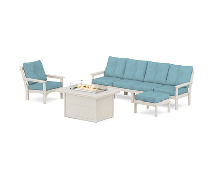 POLYWOOD® Vineyard Sectional Lounge and Fire Pit Set in Sand / Lattice Sky Blue