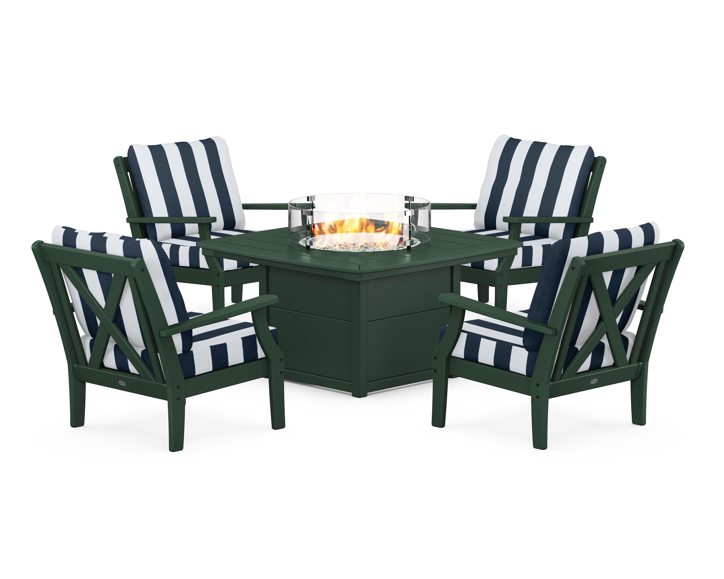 POLYWOOD® Braxton 5-Piece Deep Seating Conversation Set with Fire Pit Table in Green / Cabana Stripe Marine Indigo