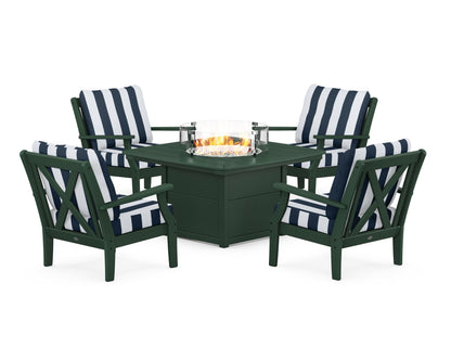 POLYWOOD® Braxton 5-Piece Deep Seating Conversation Set with Fire Pit Table in Green / Cabana Stripe Marine Indigo