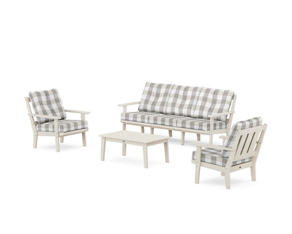 POLYWOOD® Oxford 4-Piece Deep Seating Set with Sofa in Sand / Buffalo Plaid Grey Mist
