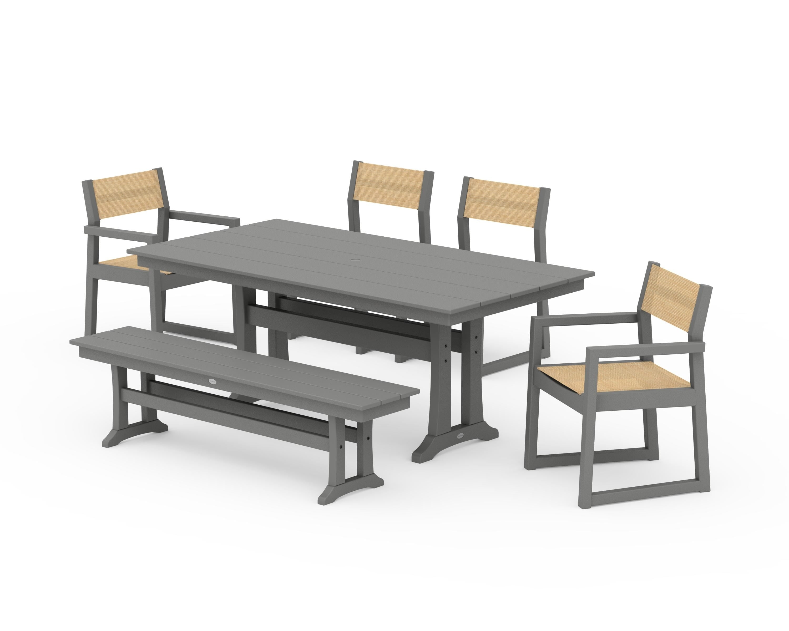 POLYWOOD® EDGE Sling 6-Piece Farmhouse Dining Set With Trestle Legs in Slate Grey / Dupioni Apricot Sling