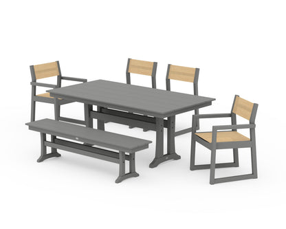 POLYWOOD® EDGE Sling 6-Piece Farmhouse Dining Set With Trestle Legs in Slate Grey / Dupioni Apricot Sling
