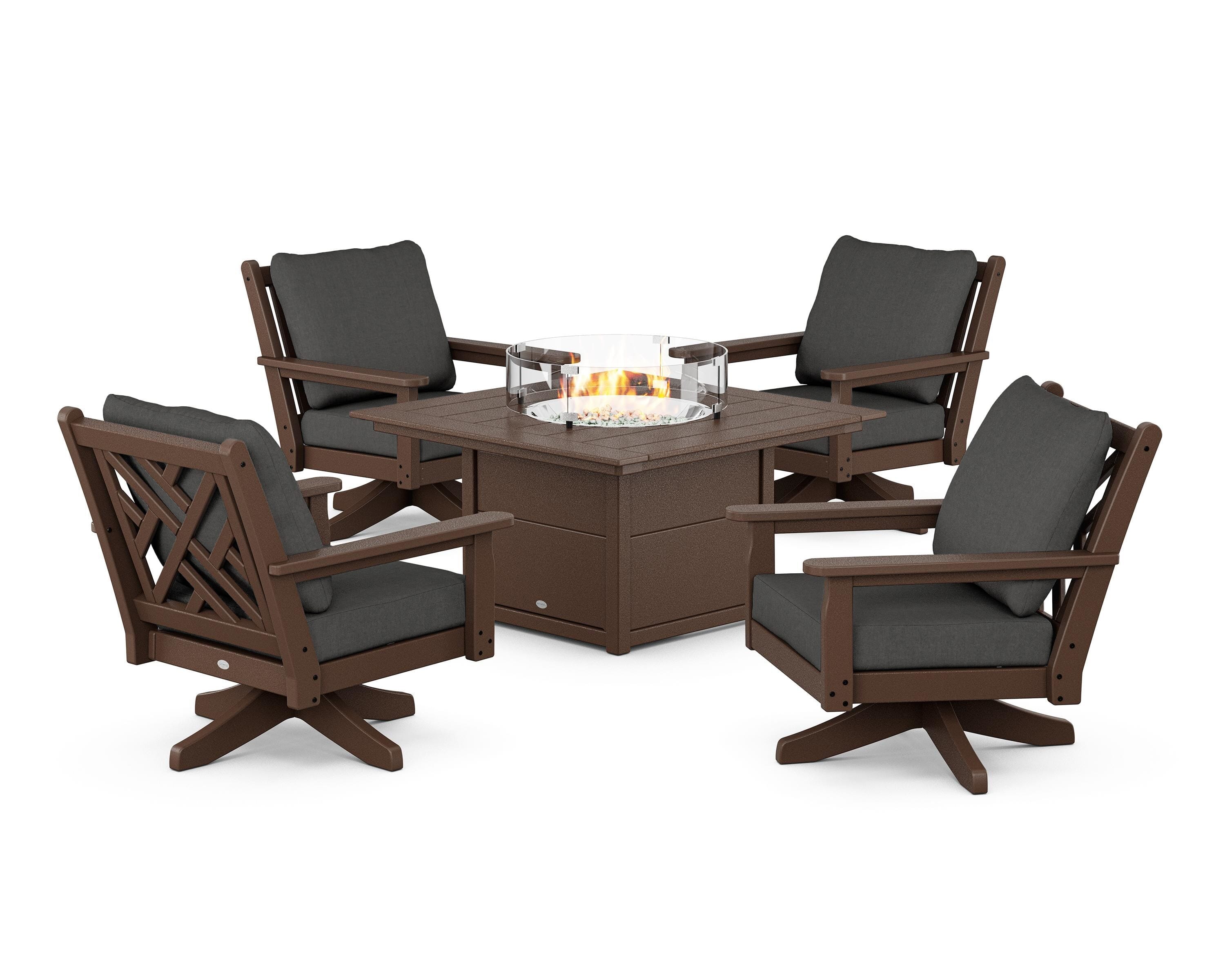 POLYWOOD® Chippendale 5-Piece Deep Seating Swivel Conversation Set with Fire Pit Table in Mahogany / Spectrum Carbon