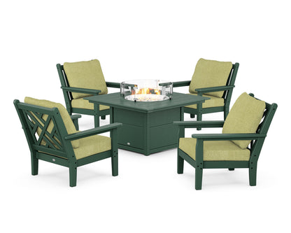 POLYWOOD® Chippendale 5-Piece Deep Seating Set with Fire Pit Table in Green / Chartreuse Boucle