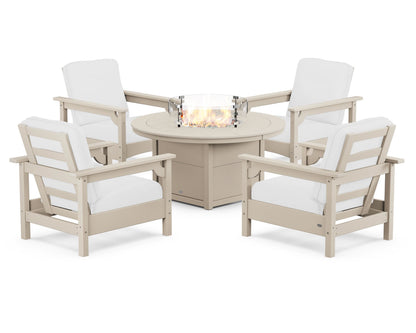 POLYWOOD® Club 5-Piece Conversation Set with Fire Pit Table in Sand / Natural
