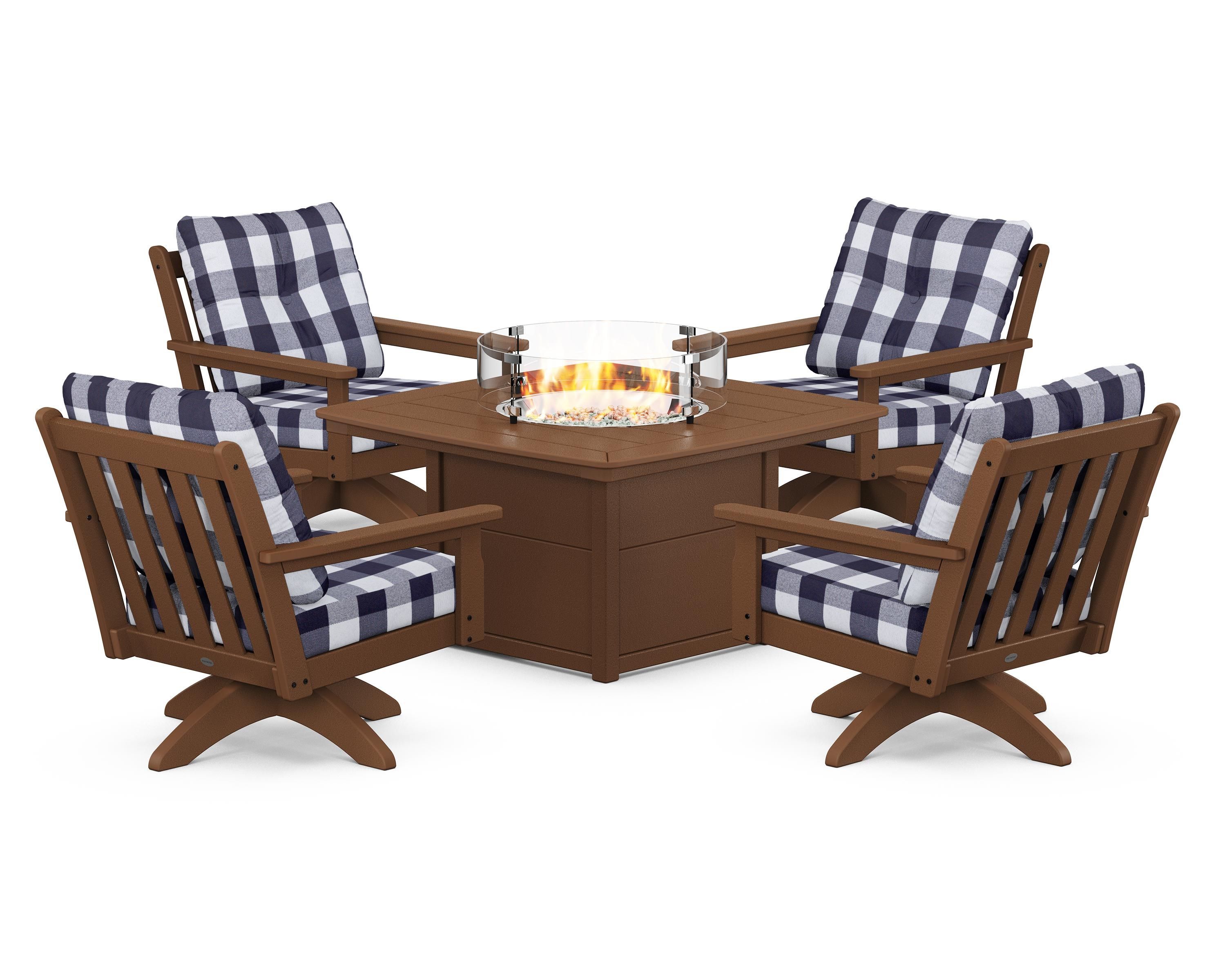 POLYWOOD® Vineyard 5-Piece Deep Seating Swivel Conversation Set with Fire Pit Table in Teak / Buffalo Plaid Navy