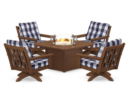 POLYWOOD® Vineyard 5-Piece Deep Seating Swivel Conversation Set with Fire Pit Table in Teak / Buffalo Plaid Navy