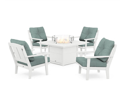 POLYWOOD® Mission 5-Piece Deep Seating Set with Fire Pit Table in White / Glacier Spa