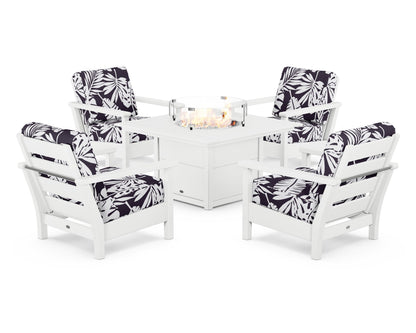 POLYWOOD® Harbour 5-Piece Conversation Set with Fire Pit Table in White / Leaf Navy