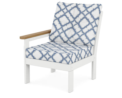 POLYWOOD® Vineyard Modular Left Arm Chair in White / Natural / Trellis Sky Blue