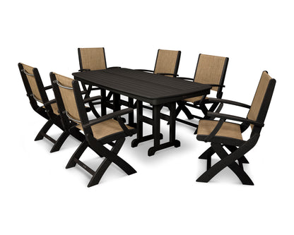 POLYWOOD® Coastal Folding Arm Chair 7-Piece Dining Set in Black / Burlap Sling