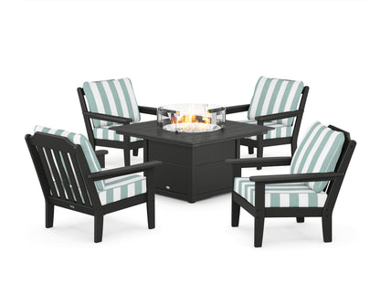 Country Living Cottage 5-Piece Deep Seating Set with Fire Pit Table in Black / Cabana Stripe Glacier Spa