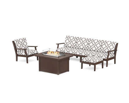 POLYWOOD® Braxton Sectional Lounge and Fire Pit Set in Mahogany / Trellis Grey Mist