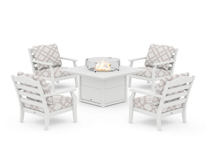 Draper James™ by  POLYWOOD® Savannah 5-Piece Deep Seating Set with Fire Pit Table in White / Trellis Dune Burlap