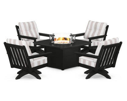 POLYWOOD® Vineyard 5-Piece Deep Seating Swivel Conversation Set with Fire Pit Table in Black / Cabana Stripe Dune Burlap