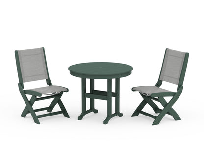 POLYWOOD® Coastal Folding Side Chair 3-Piece Round Dining Set in Green / Metallic Sling