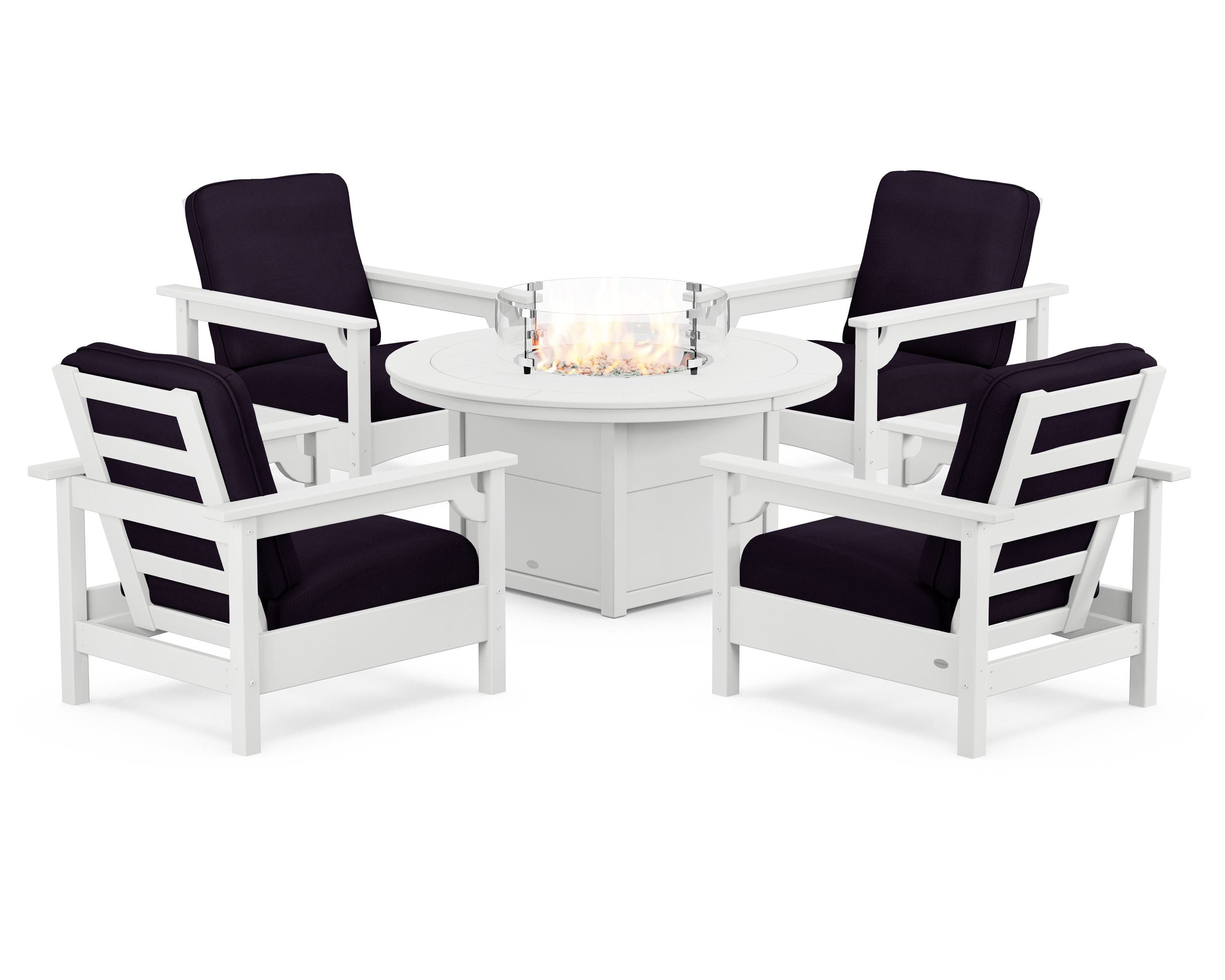 POLYWOOD® Club 5-Piece Conversation Set with Fire Pit Table in White / Navy Linen