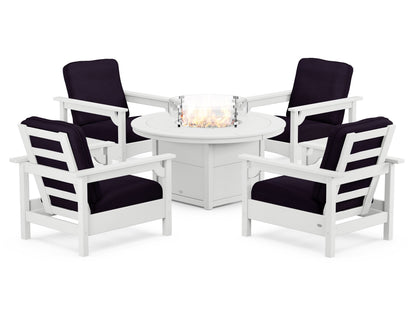 POLYWOOD® Club 5-Piece Conversation Set with Fire Pit Table in White / Navy Linen
