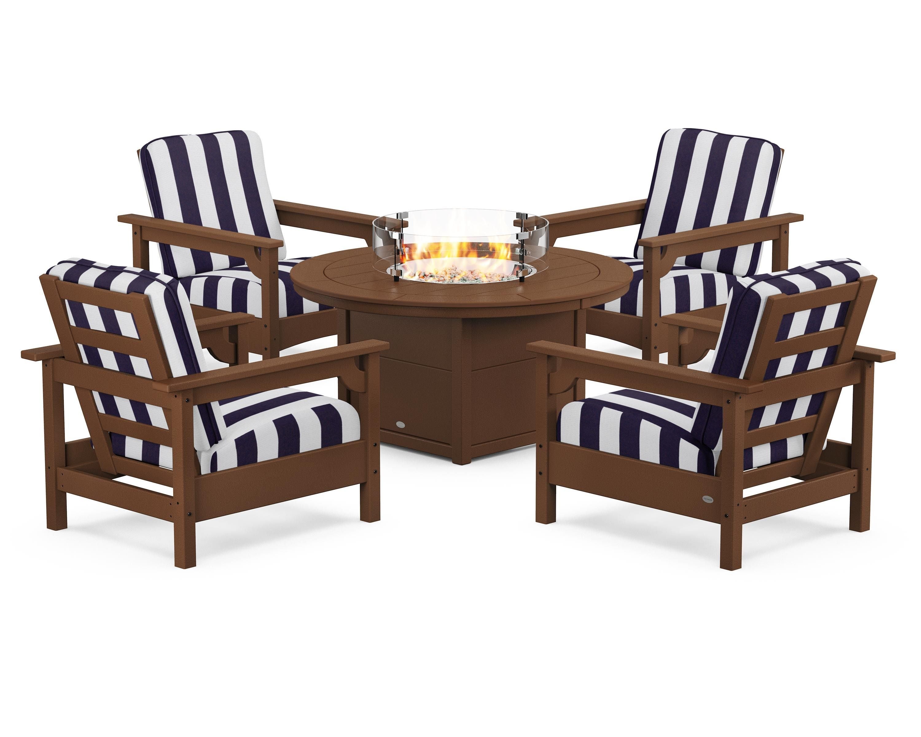 POLYWOOD® Club 5-Piece Conversation Set with Fire Pit Table in Teak / Cabana Stripe Navy