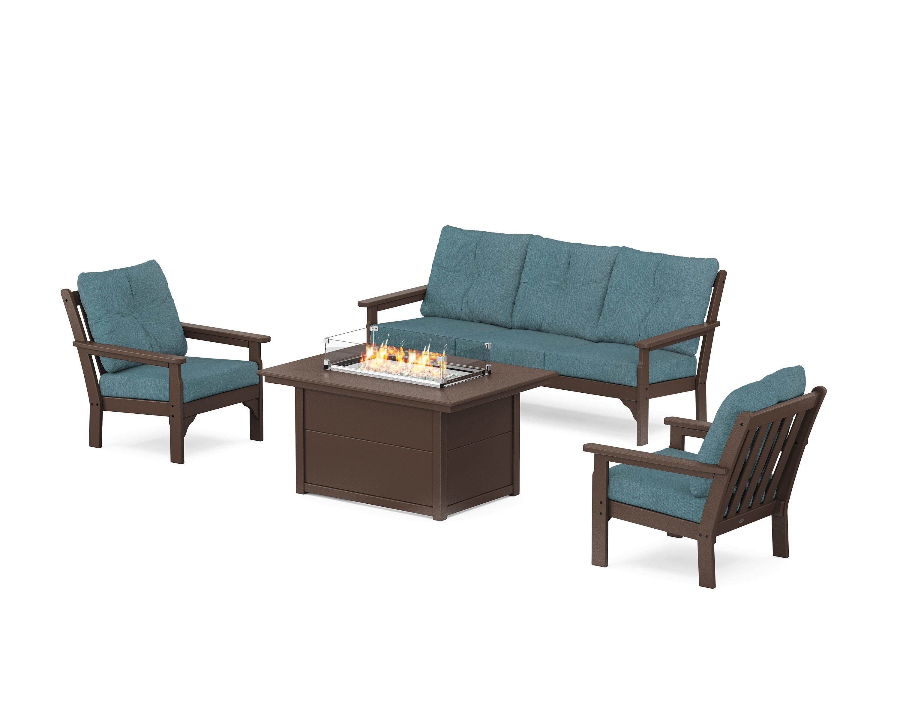 POLYWOOD® Vineyard Deep Seating Fire Pit Table Set in Mahogany / Ocean Teal