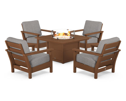 POLYWOOD® Harbour 5-Piece Conversation Set with Fire Pit Table in Teak / Grey Mist