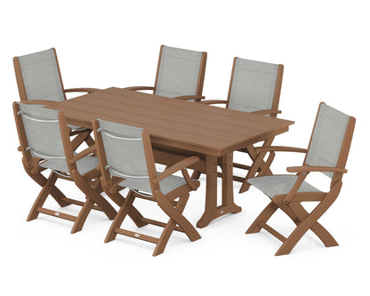 POLYWOOD® Coastal Folding Arm Chair 7-Piece Farmhouse Dining Set with Trestle Legs in Teak / Metallic Sling