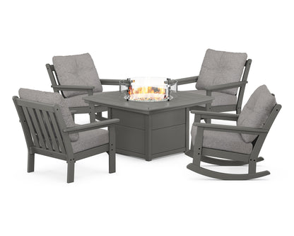 POLYWOOD® Vineyard 5-Piece Deep Seating Rocking Chair Conversation Set with Fire Pit Table in Slate Grey / Grey Mist