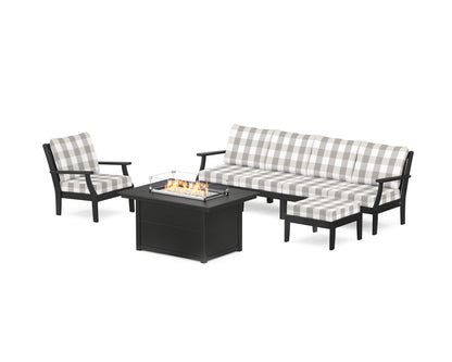POLYWOOD® Braxton Sectional Lounge and Fire Pit Set in Black / Buffalo Plaid Grey Mist