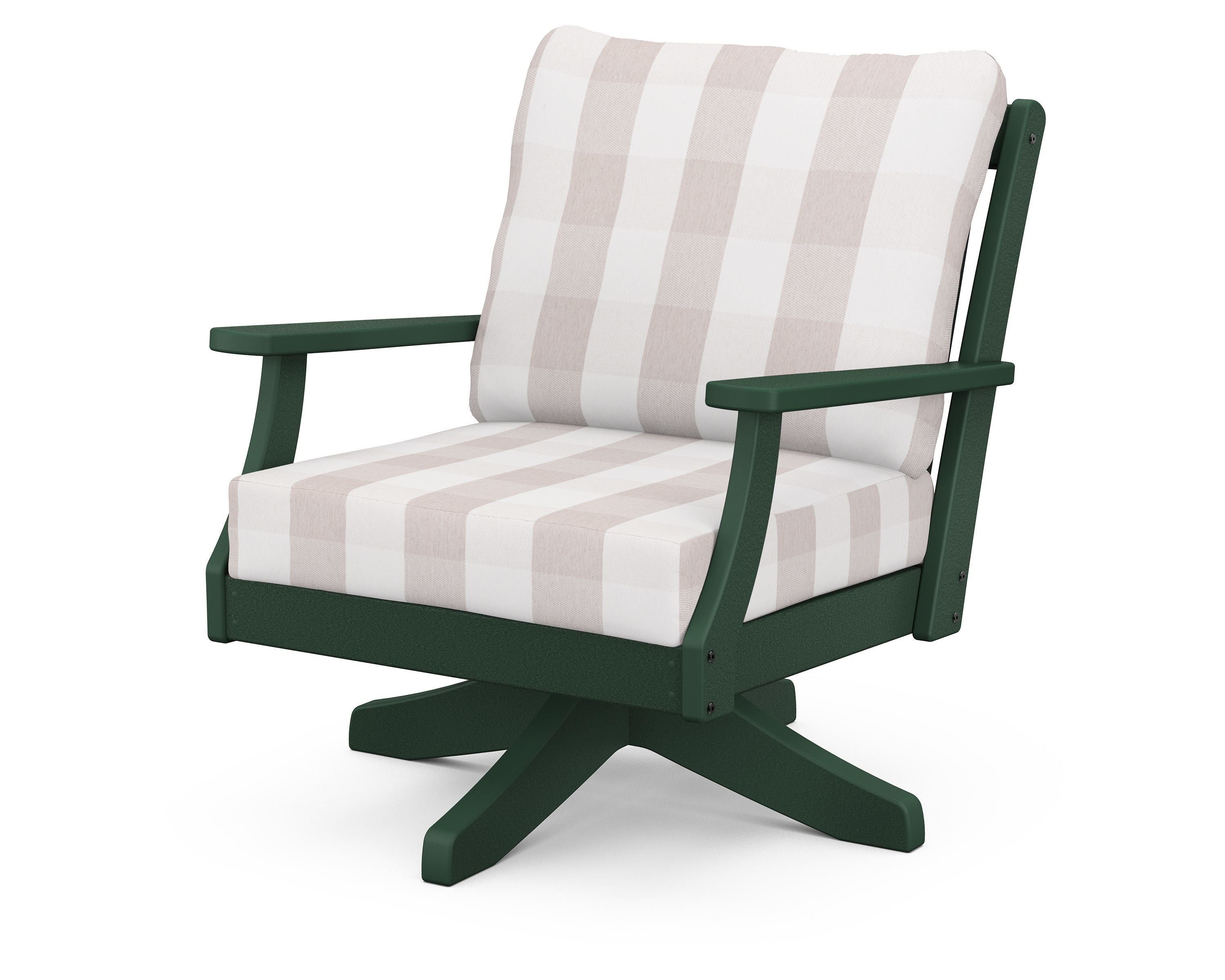 POLYWOOD® Braxton Deep Seating Swivel Chair in Green / Buffalo Plaid Dune Burlap
