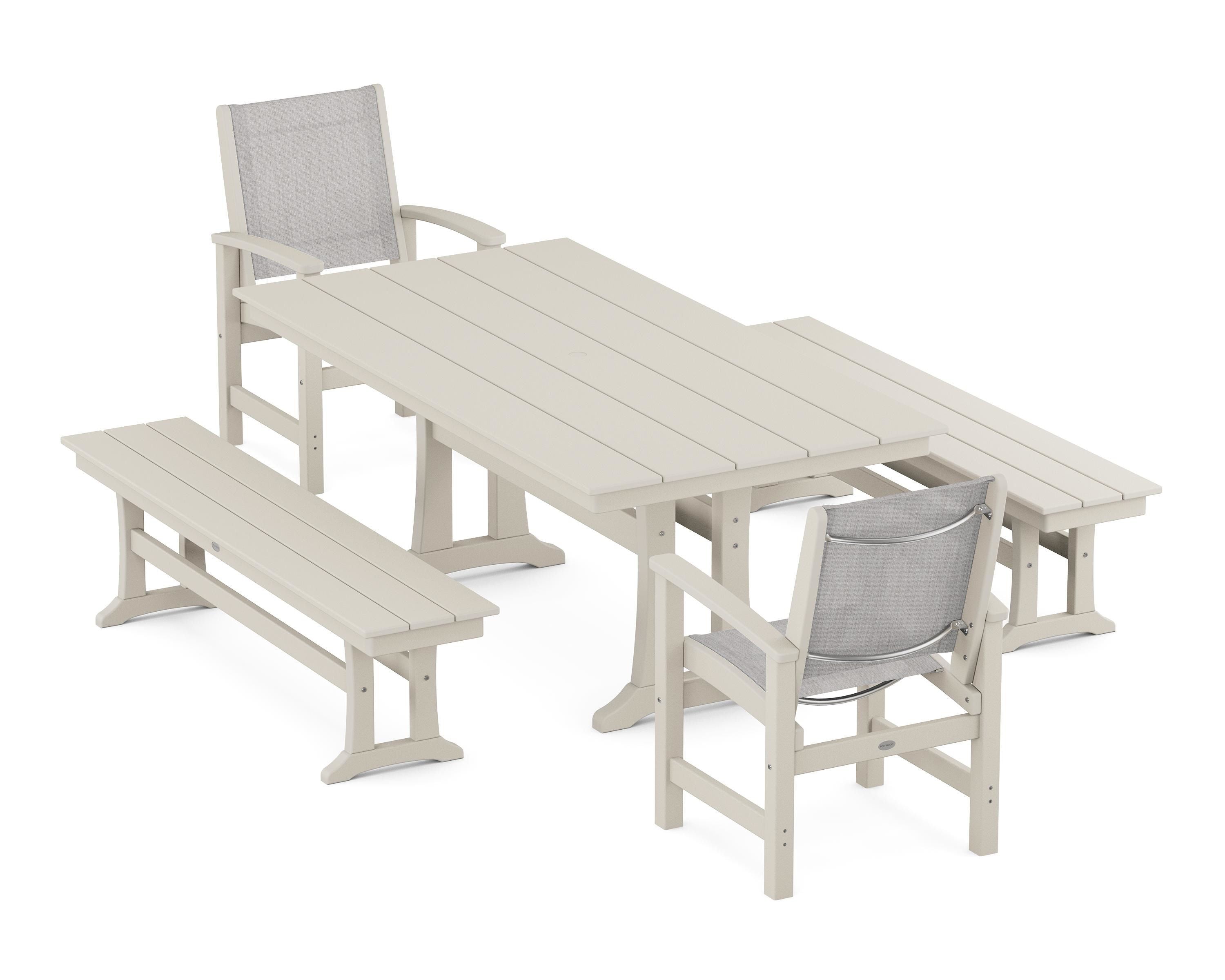 POLYWOOD® Coastal 5-Piece Farmhouse Dining Set with Trestle Legs and Benches in Sand / Parchment Sling