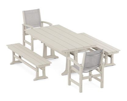 POLYWOOD® Coastal 5-Piece Farmhouse Dining Set with Trestle Legs and Benches in Sand / Parchment Sling