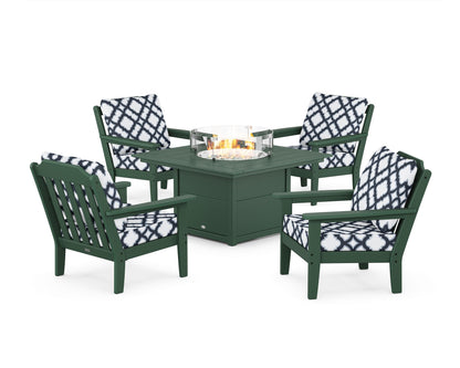 Country Living Cottage 5-Piece Deep Seating Set with Fire Pit Table in Green / Trellis Marine Indigo