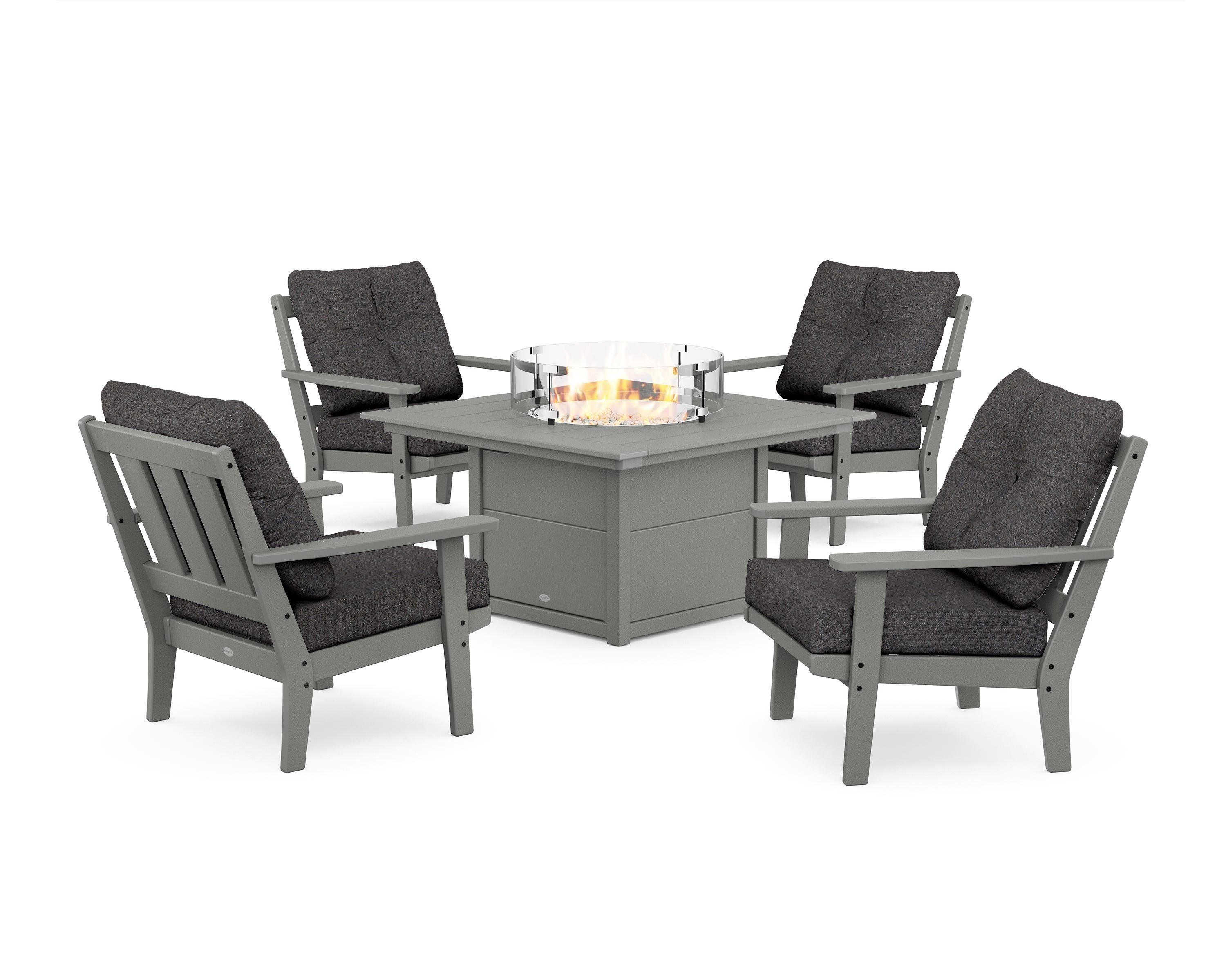 POLYWOOD® Oxford 5-Piece Deep Seating Set with Fire Pit Table in Slate Grey / Ash Charcoal