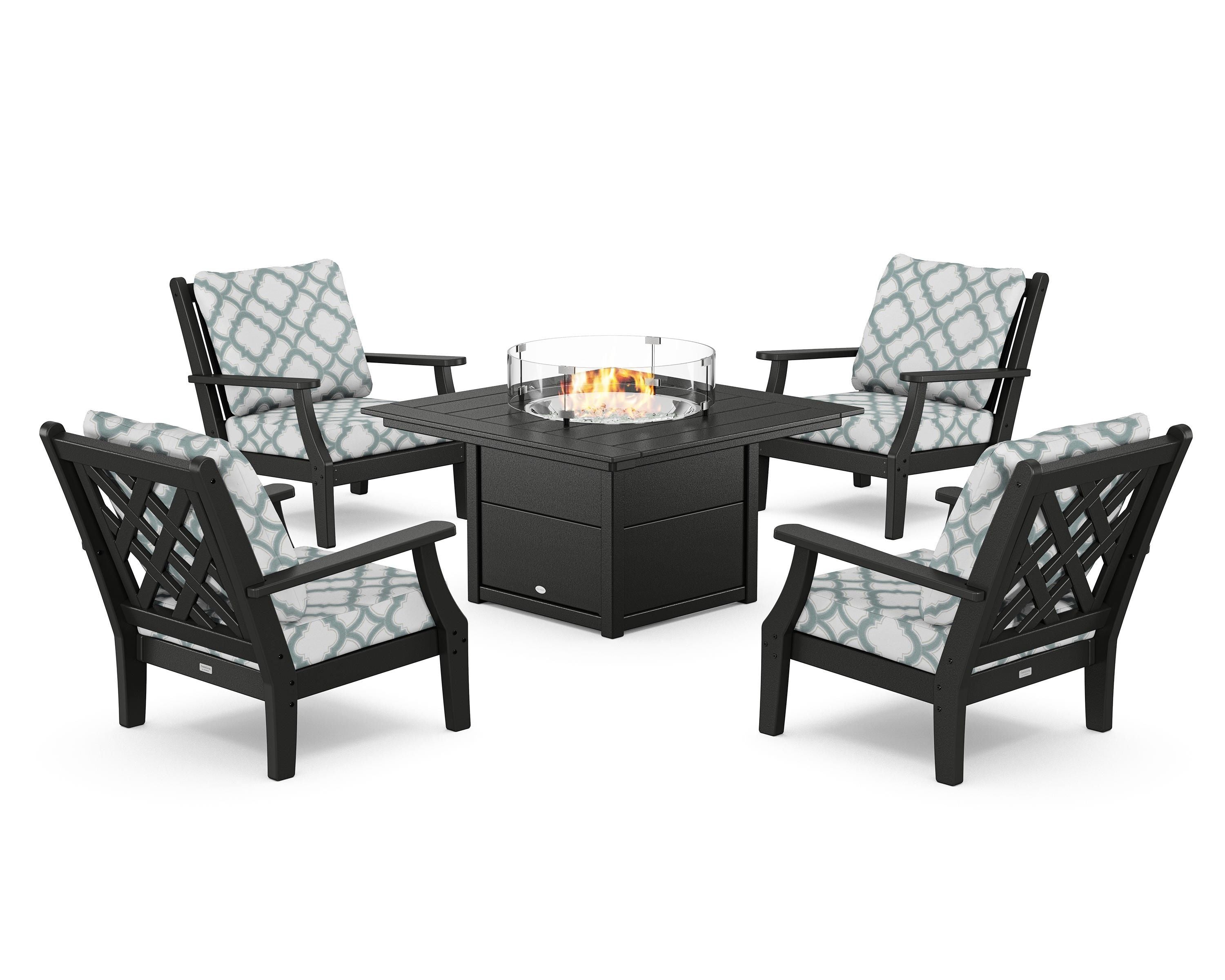Country Living Wovendale 5-Piece Deep Seating Set with Fire Pit Table in Black / Trellis Glacier Spa