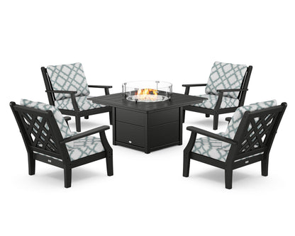 Country Living Wovendale 5-Piece Deep Seating Set with Fire Pit Table in Black / Trellis Glacier Spa