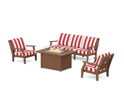 Martha Stewart by POLYWOOD® Chinoiserie Deep Seating Fire Pit Table Set in Teak / Cabana Stripe Crimson