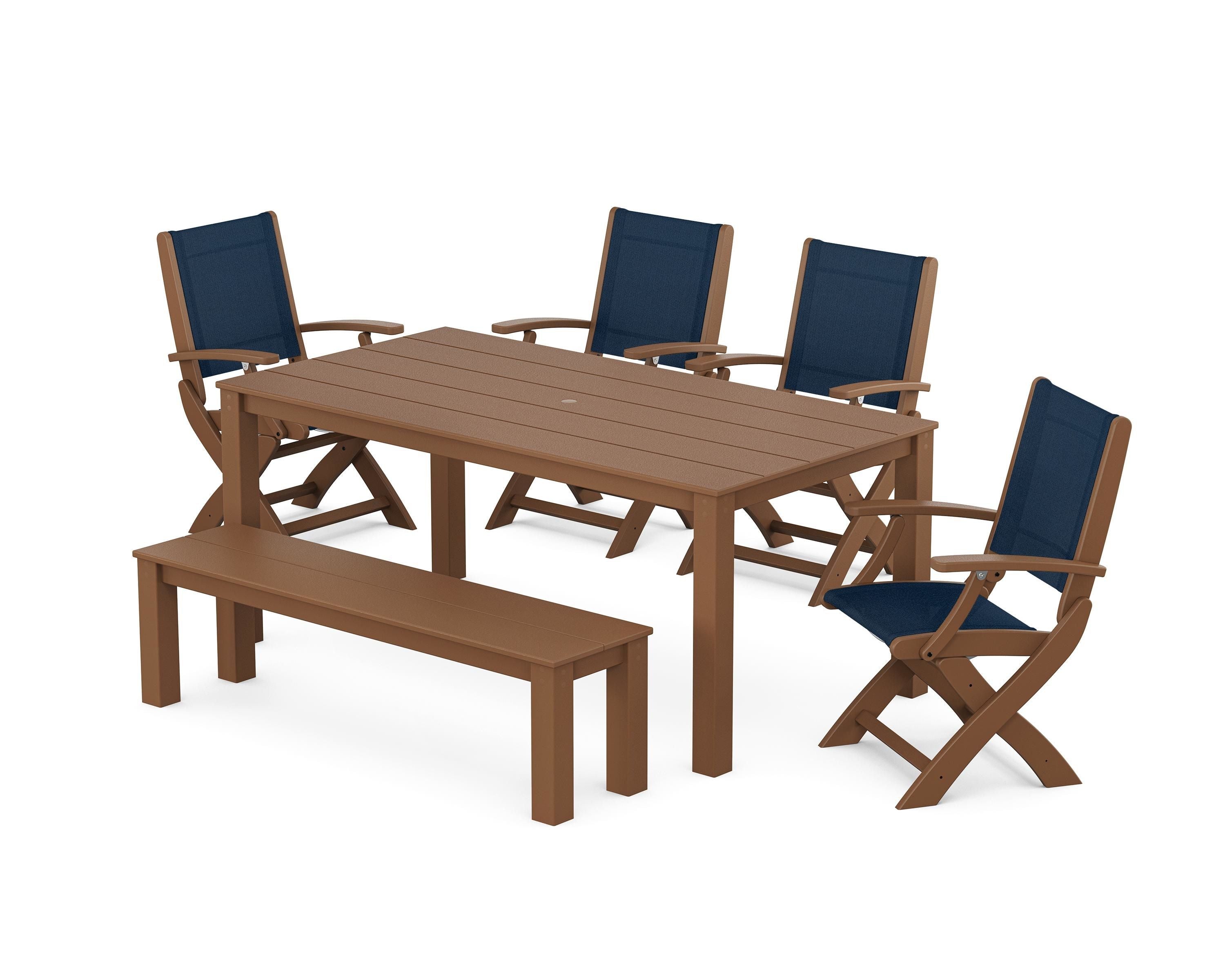 POLYWOOD® Coastal Folding Chair 6-Piece Parsons Dining Set with Bench in Teak / Navy Blue Sling