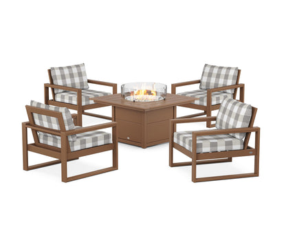 POLYWOOD® EDGE Sectional 5-Piece Deep Seating Set with Fire Pit Table in Teak / Buffalo Plaid Grey Mist