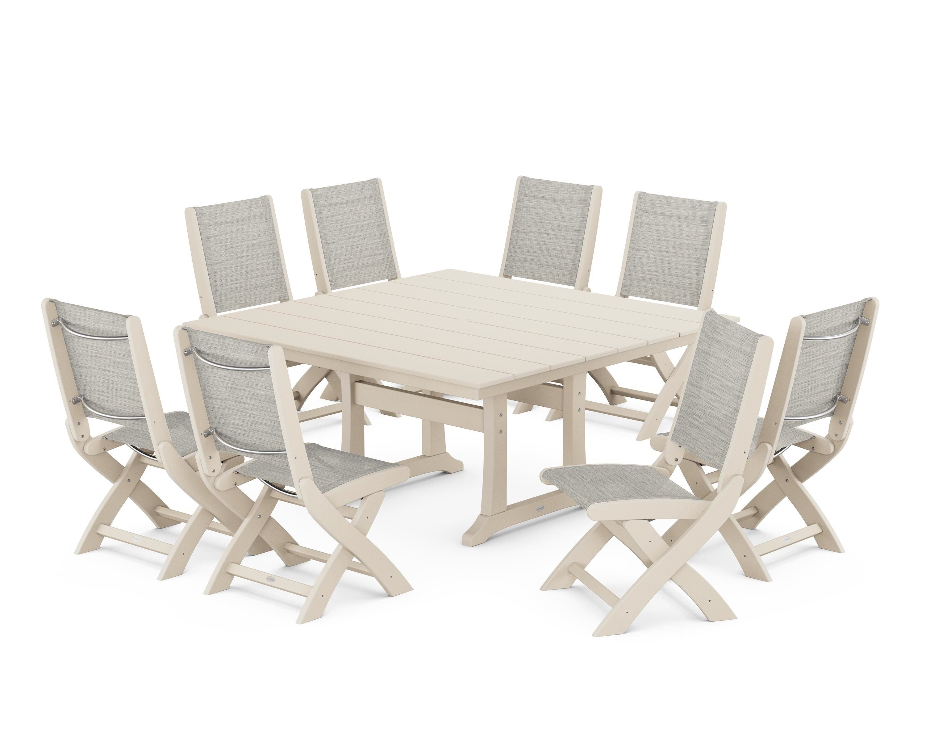 POLYWOOD® Coastal Folding Side Chair 9-Piece Farmhouse Dining Set in Sand / Birch Sling