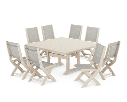POLYWOOD® Coastal Folding Side Chair 9-Piece Farmhouse Dining Set in Sand / Birch Sling