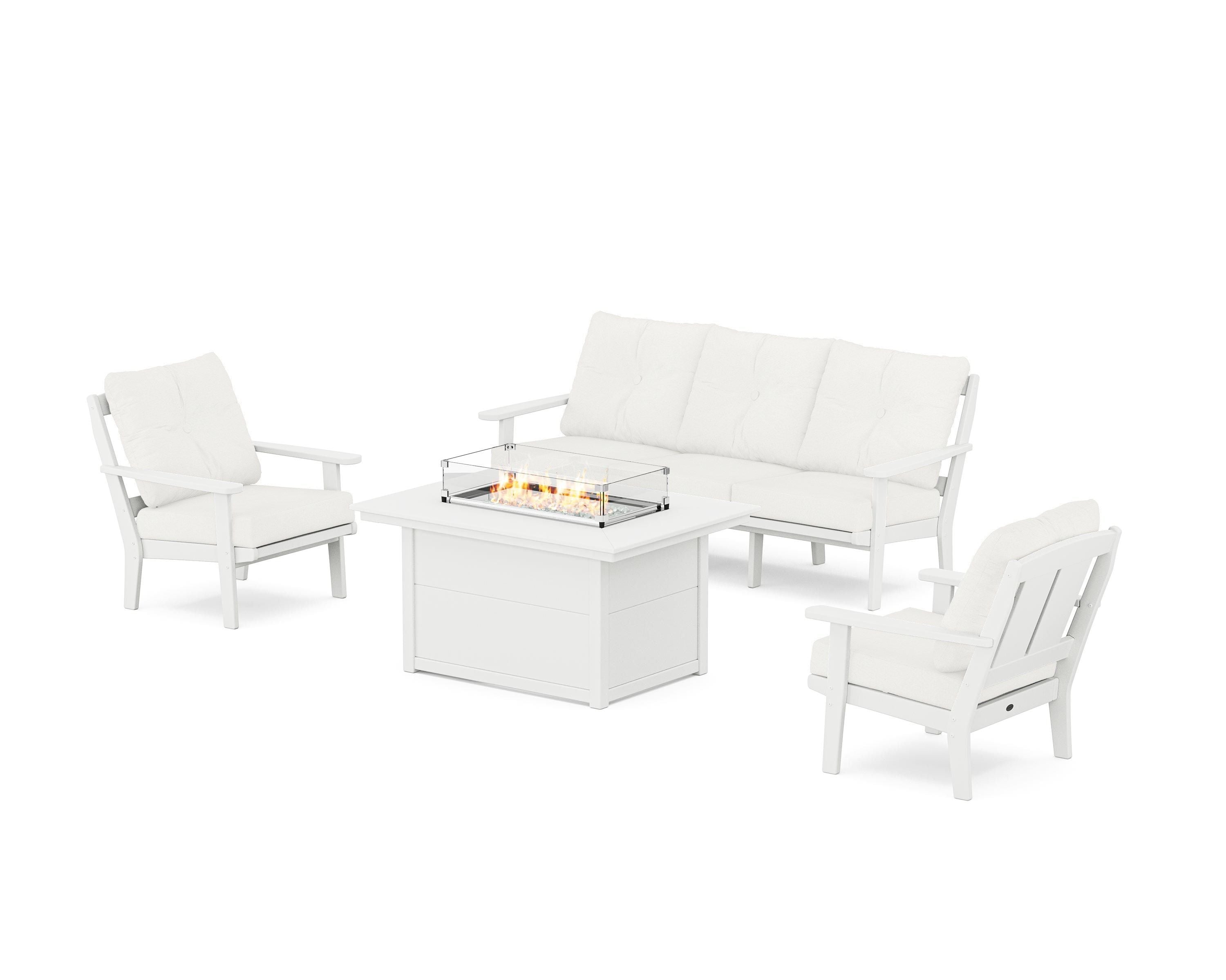 POLYWOOD® Mission Deep Seating Fire Pit Table Set in White / Natural Linen