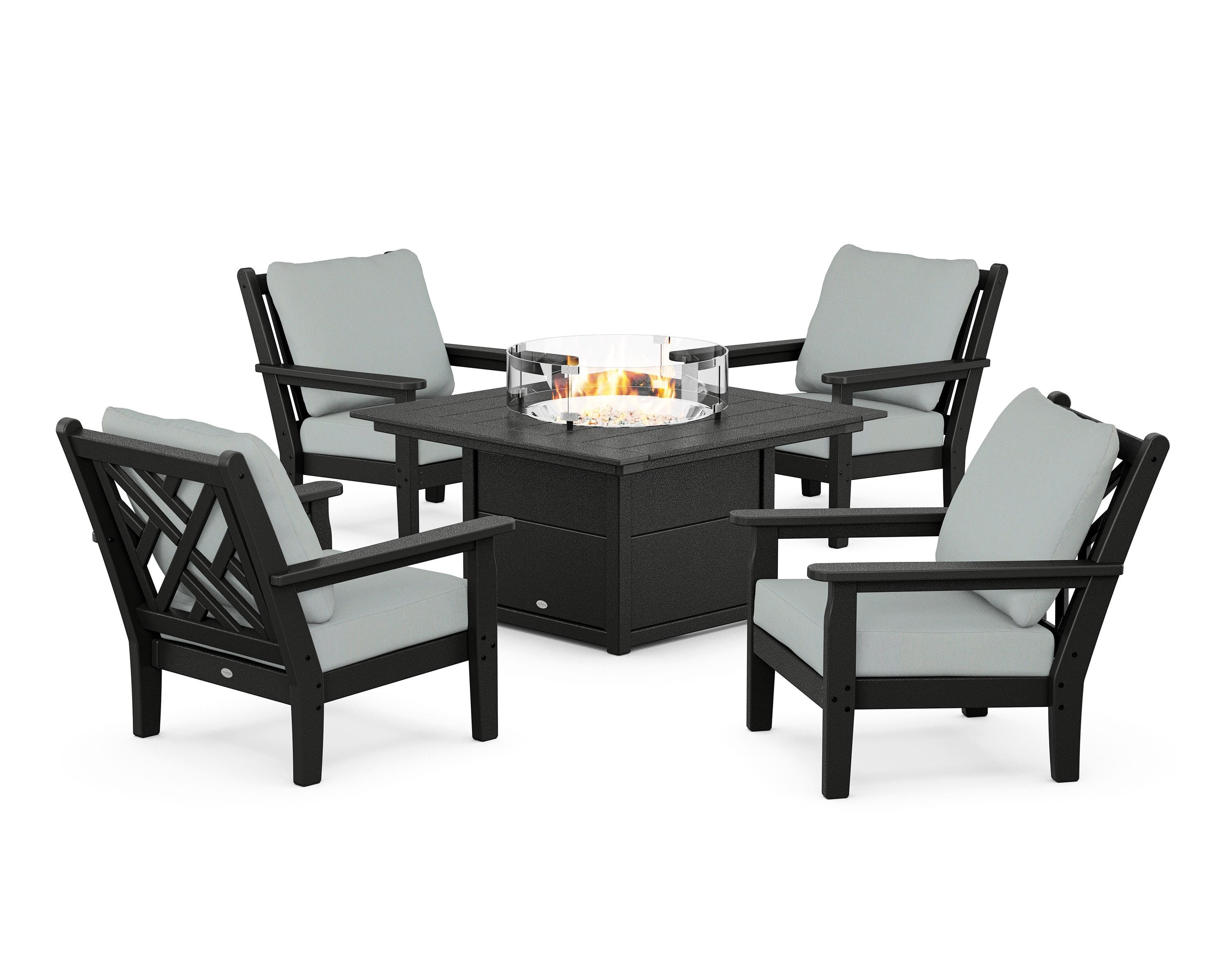 POLYWOOD® Chippendale 5-Piece Deep Seating Set with Fire Pit Table in Black / Spa