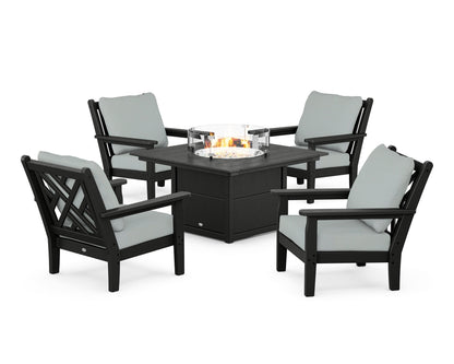 POLYWOOD® Chippendale 5-Piece Deep Seating Set with Fire Pit Table in Black / Spa