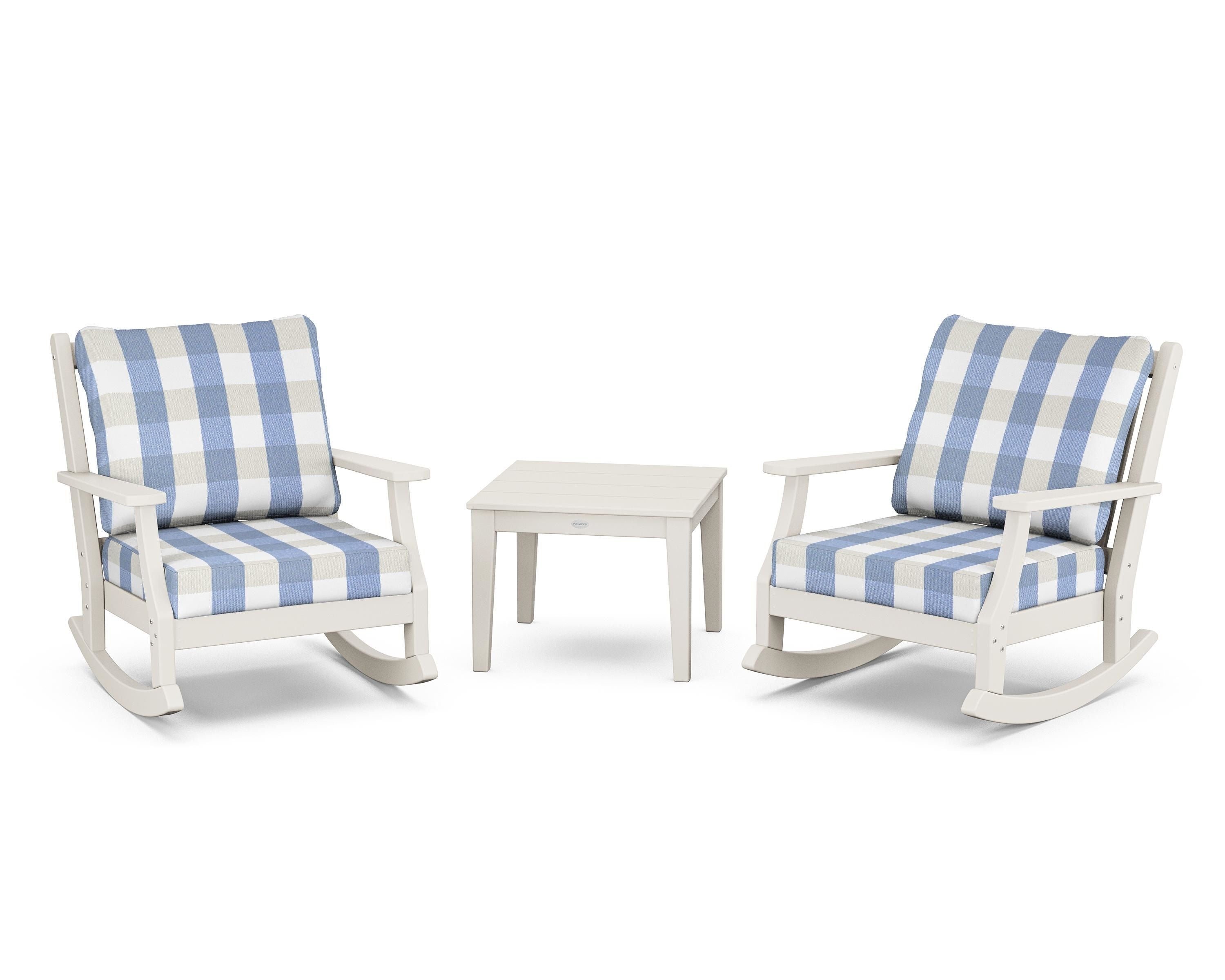 Country Living Wovendale 3-Piece Deep Seating Rocker Set in Sand / Buffalo Plaid Sky Blue
