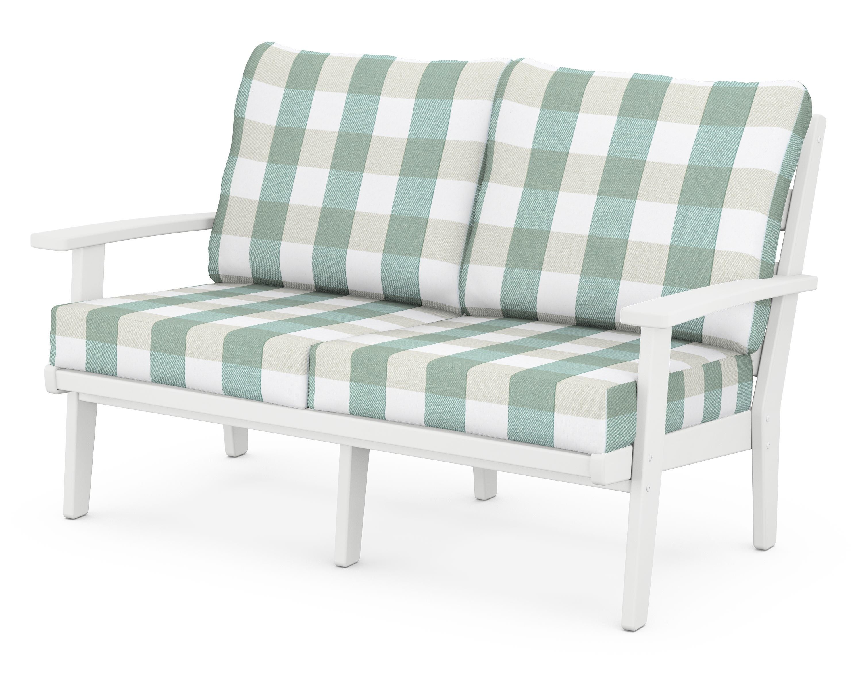 POLYWOOD® Grant Park Deep Seating Loveseat in White / Buffalo Plaid Glacier Spa
