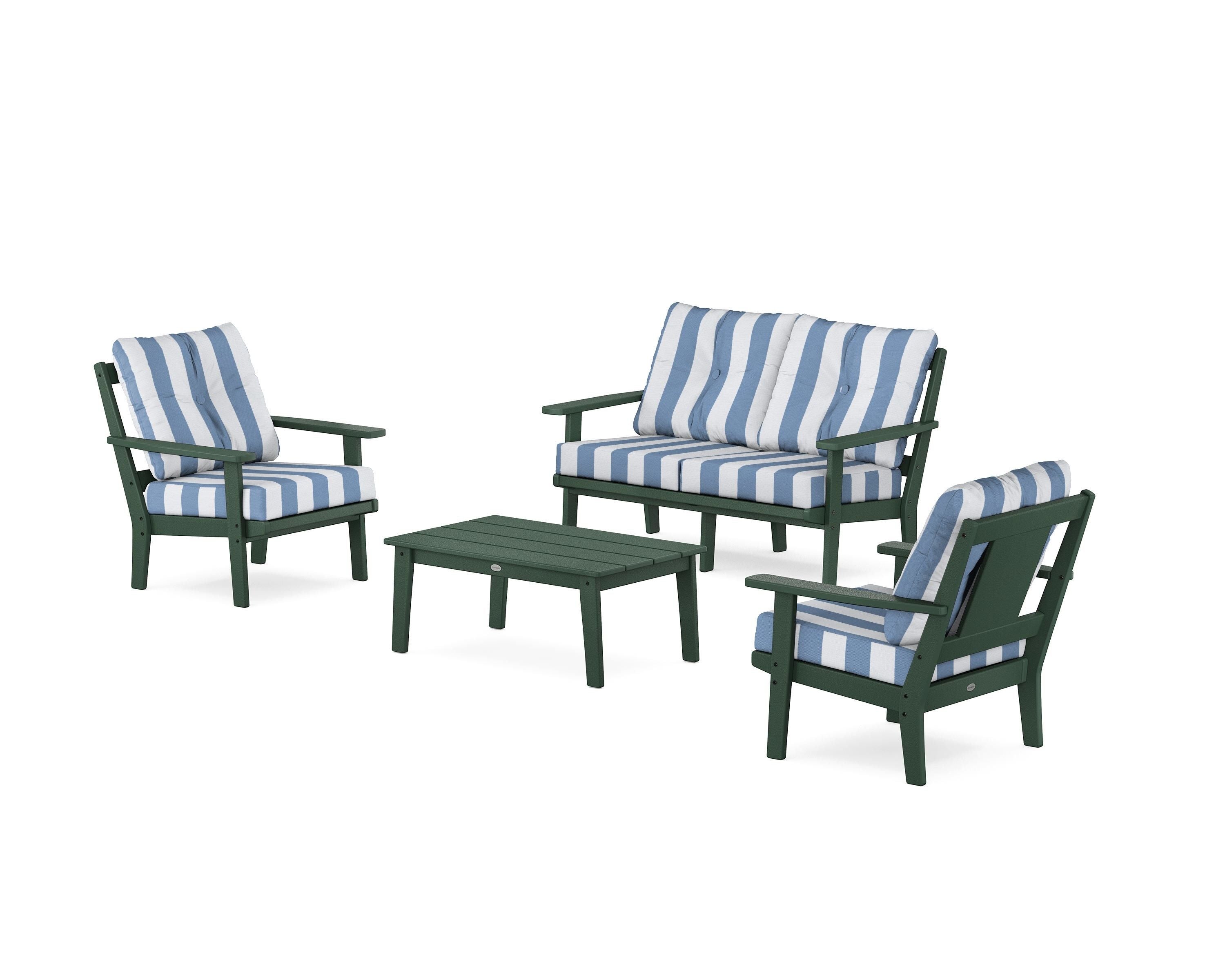 POLYWOOD® Prairie 4-Piece Deep Seating Set with Loveseat in Green / Cabana Stripe Sky Blue