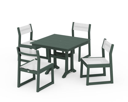 POLYWOOD® EDGE Sling 5-Piece Farmhouse Trestle Side Chair Dining Set in Green / White Sling