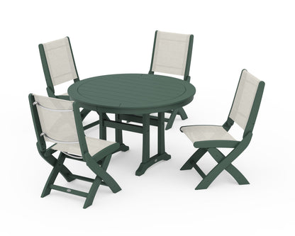 POLYWOOD® Coastal Folding Side Chair 5-Piece Round Dining Set With Trestle Legs in Green / Parchment Sling