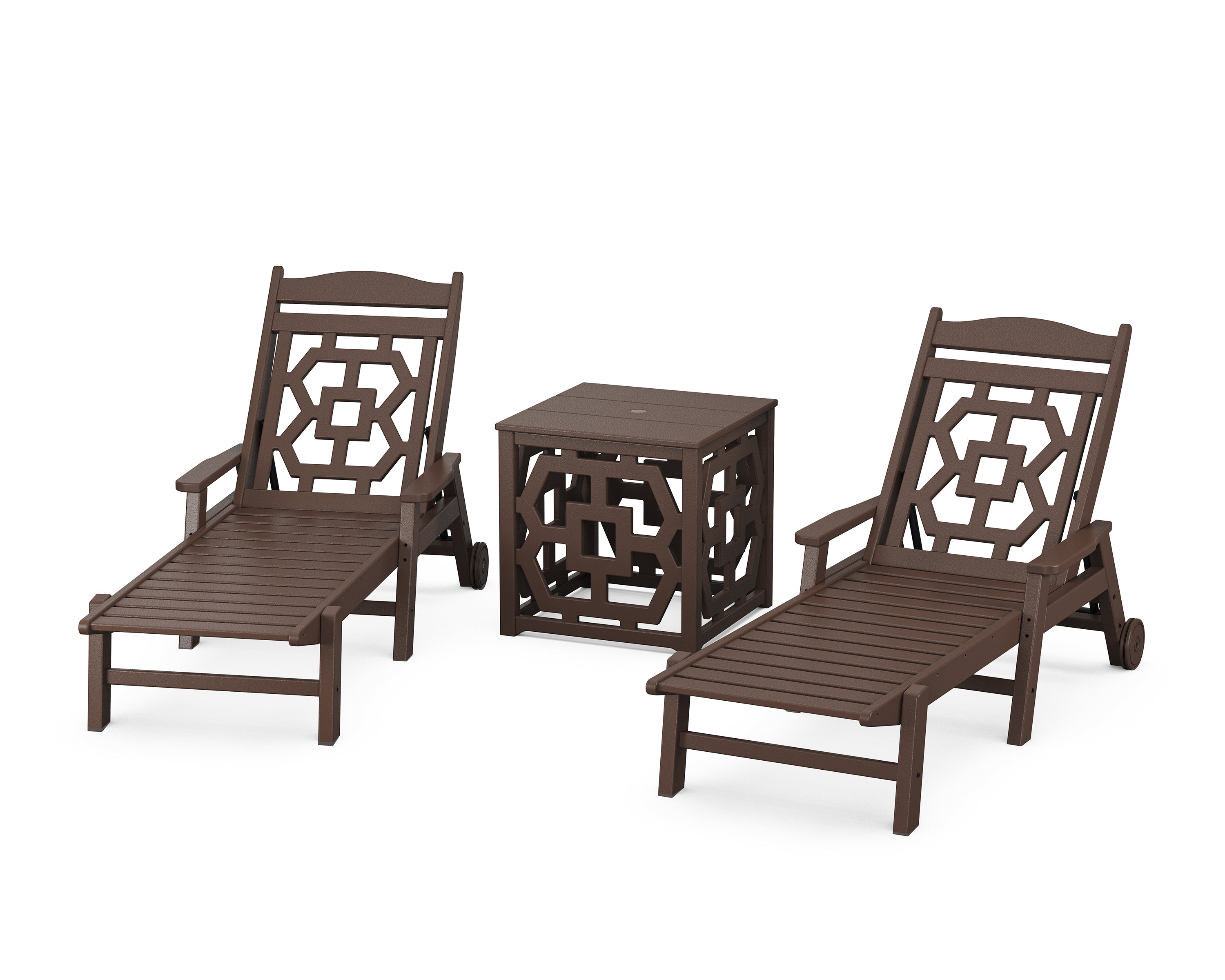 Martha Stewart by POLYWOOD® Chinoiserie 3-Piece Chaise Set with Umbrella Stand Accent Table in Mahogany