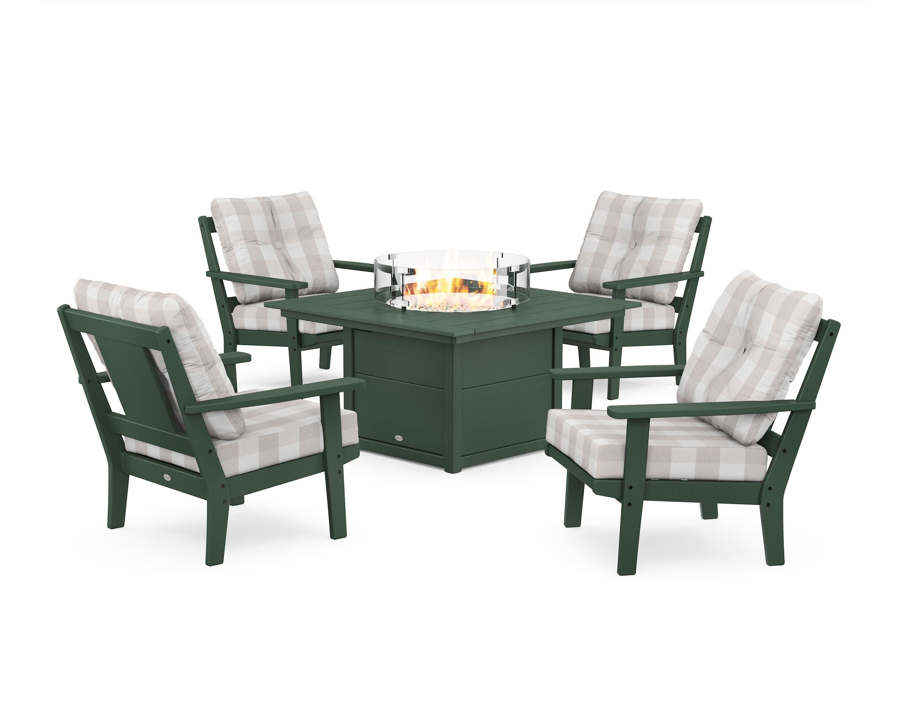 POLYWOOD® Prairie 5-Piece Deep Seating Set with Fire Pit Table in Green / Buffalo Plaid Dune Burlap